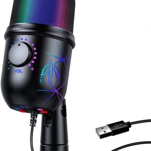 USB Gaming Microphone, PC Computer Condenser Mic with Gain, RGB Light for Recording, Podcasting, Streaming, YouTube, Twitch, Skype, Compatible with PS5 PS4 Mac Laptop Desktop