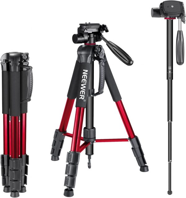 Neewer Portable 70 inches/177 centimeters Aluminium Alloy Camera Tripod Monopod with 3-Way Swivel Pan Head,Bag for DSLR Camera,DV Video Camcorder,Load up to 8.8 pounds/4 kilograms Red(SAB264)