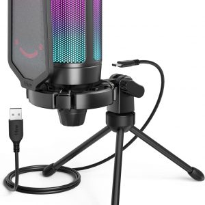 Gaming USB Microphone for PC PS5, FIFINE Condenser Mic with Quick Mute, RGB Indicator, Tripod Stand, Pop Filter, Shock Mount, Gain Control for Streaming Discord Twitch Podcasts Videos- AmpliGame