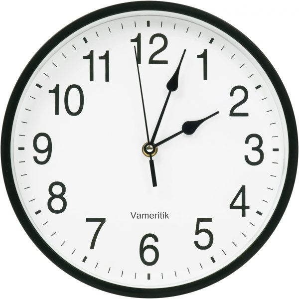 Vameritik Wall Clock, 25CM Black Round Wall Clocks, Quality Quartz Silent Move Non Ticking Battery Operated Easy To Read, Decorative For Home Living Bedroom Office Kitchen Classroom Outdoor. (25CM)