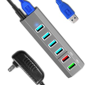 USB Hub, Aiibe 6 Ports Super High Speed USB 3.0 Hub Splitter + 24W Power Adapter + USB 3.0 Cable, Gray Smart Fast Charger Powered USB Hub for Laptop, Mac,...