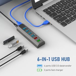 USB Hub, Aiibe 6 Ports Super High Speed USB 3.0 Hub Splitter + 24W Power Adapter + USB 3.0 Cable, Gray Smart Fast Charger Powered USB Hub for Laptop, Mac,... - Image 3